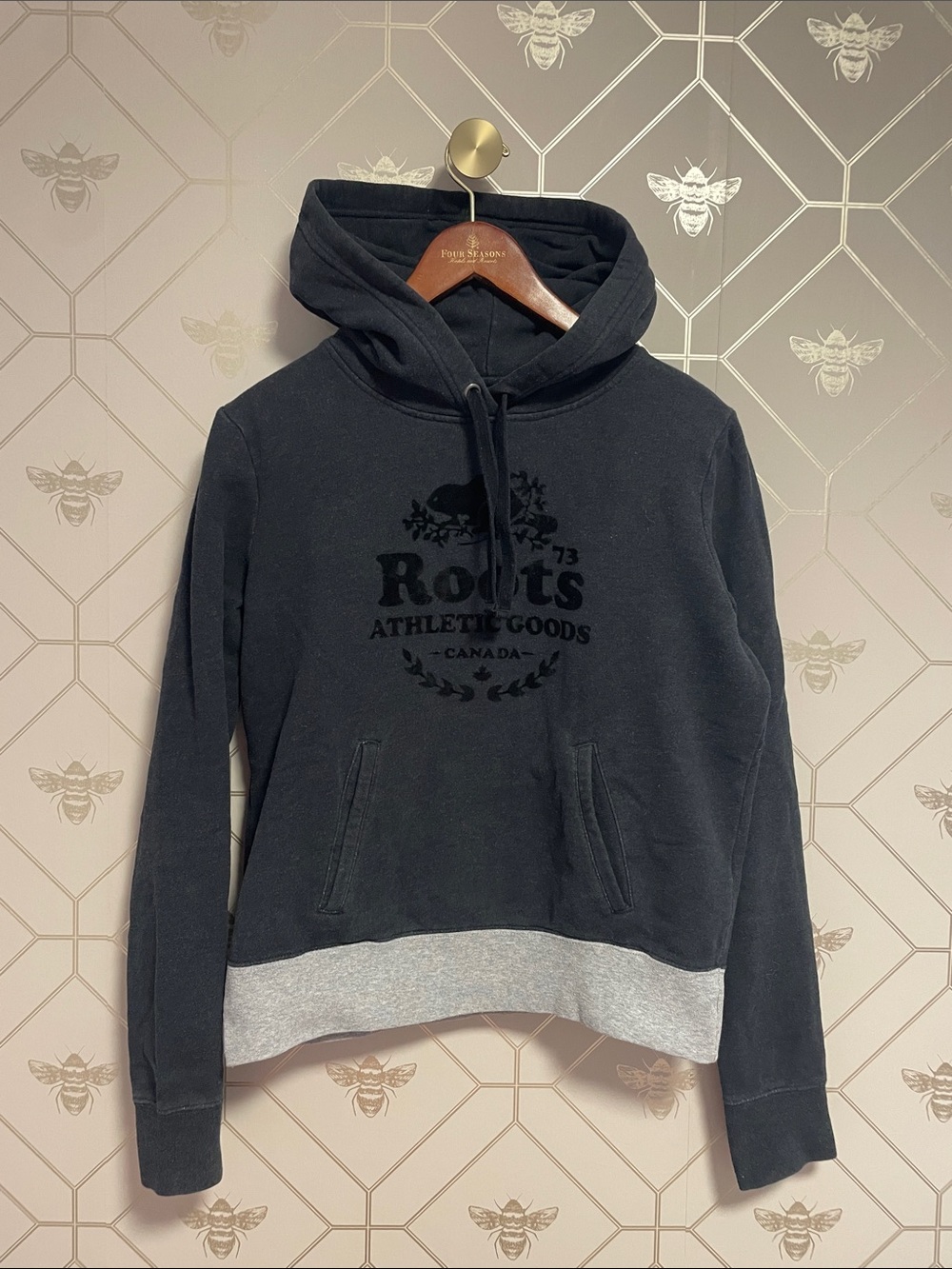Roots Black Hoodie with Grey Hem and Front Logo